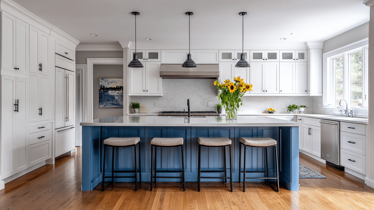 white cabinets with a blue island