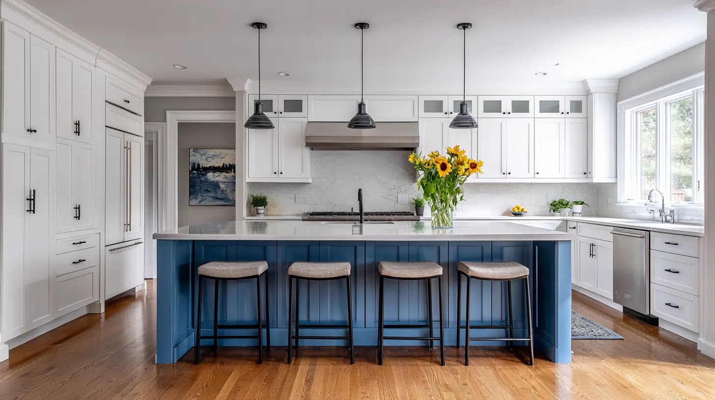 white cabinets with a blue island
