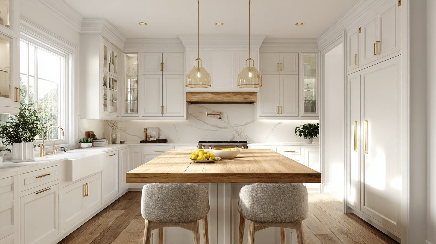 white cabinets with natural oak island