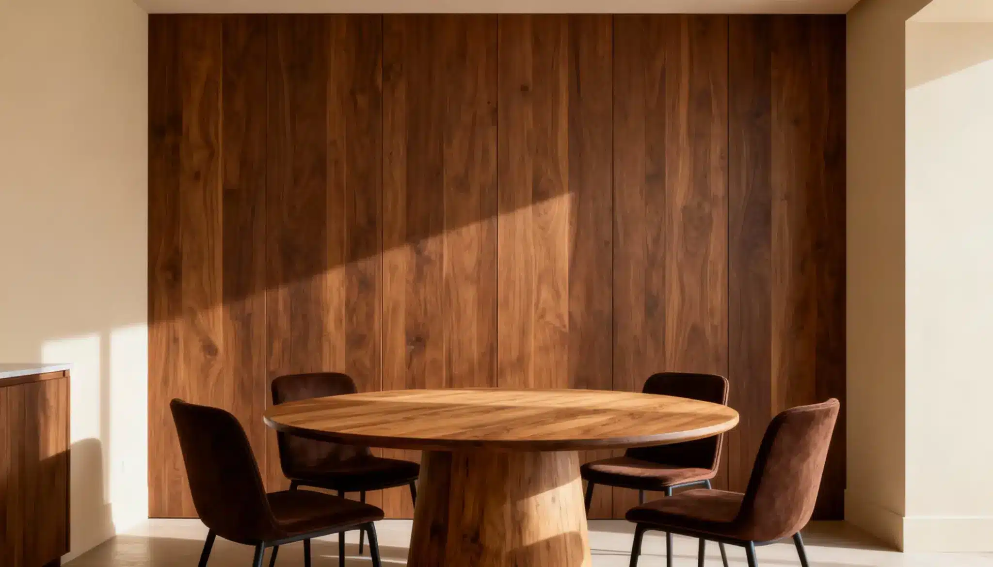 A wooden table with matching chairs set in a cozy room, creating a warm and inviting atmosphere