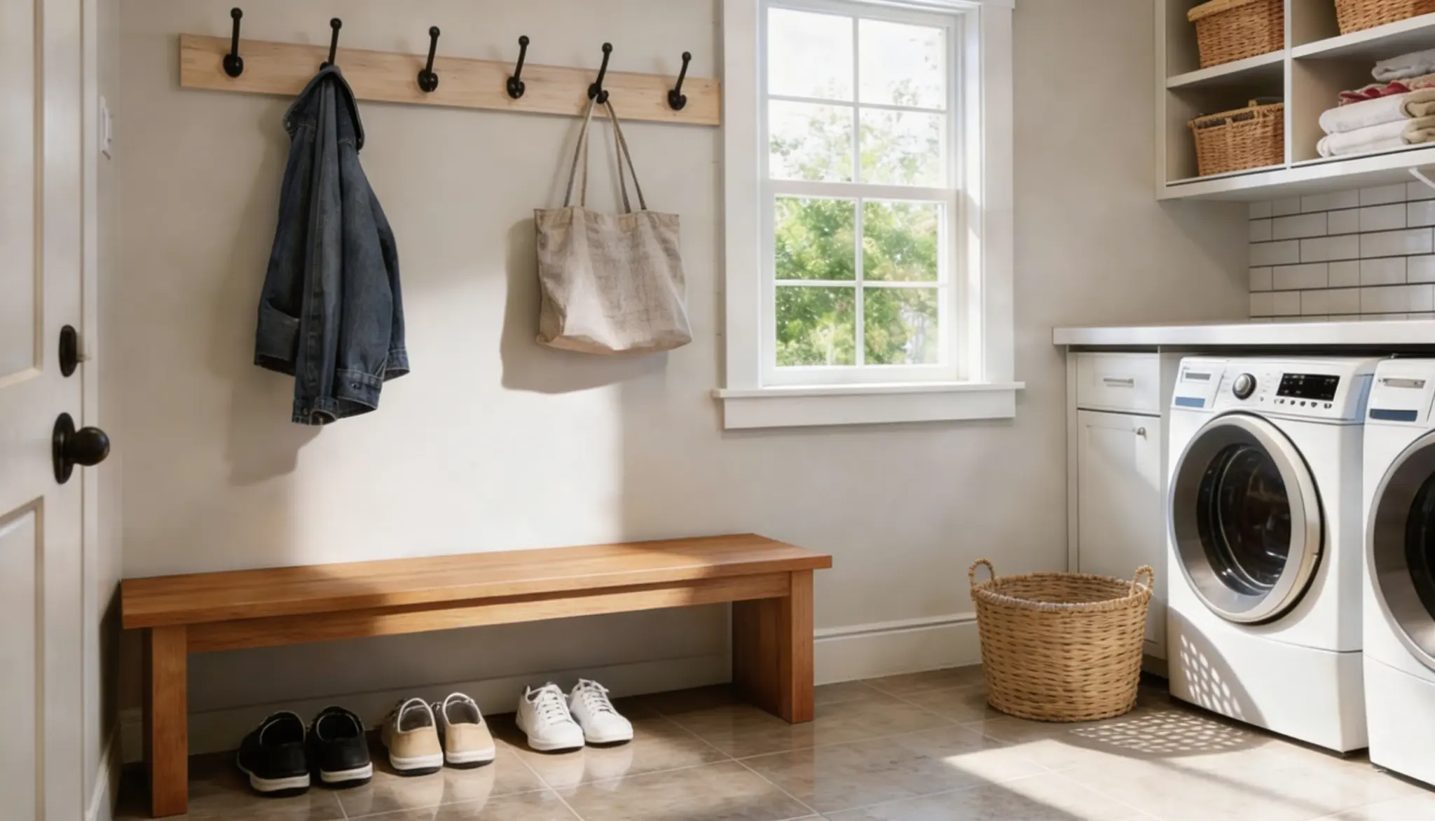 A bright laundry room with a wooden bench, shoes, and jackets hung on hooks. A window shows green foliage. Washer and dryer occupy the right side