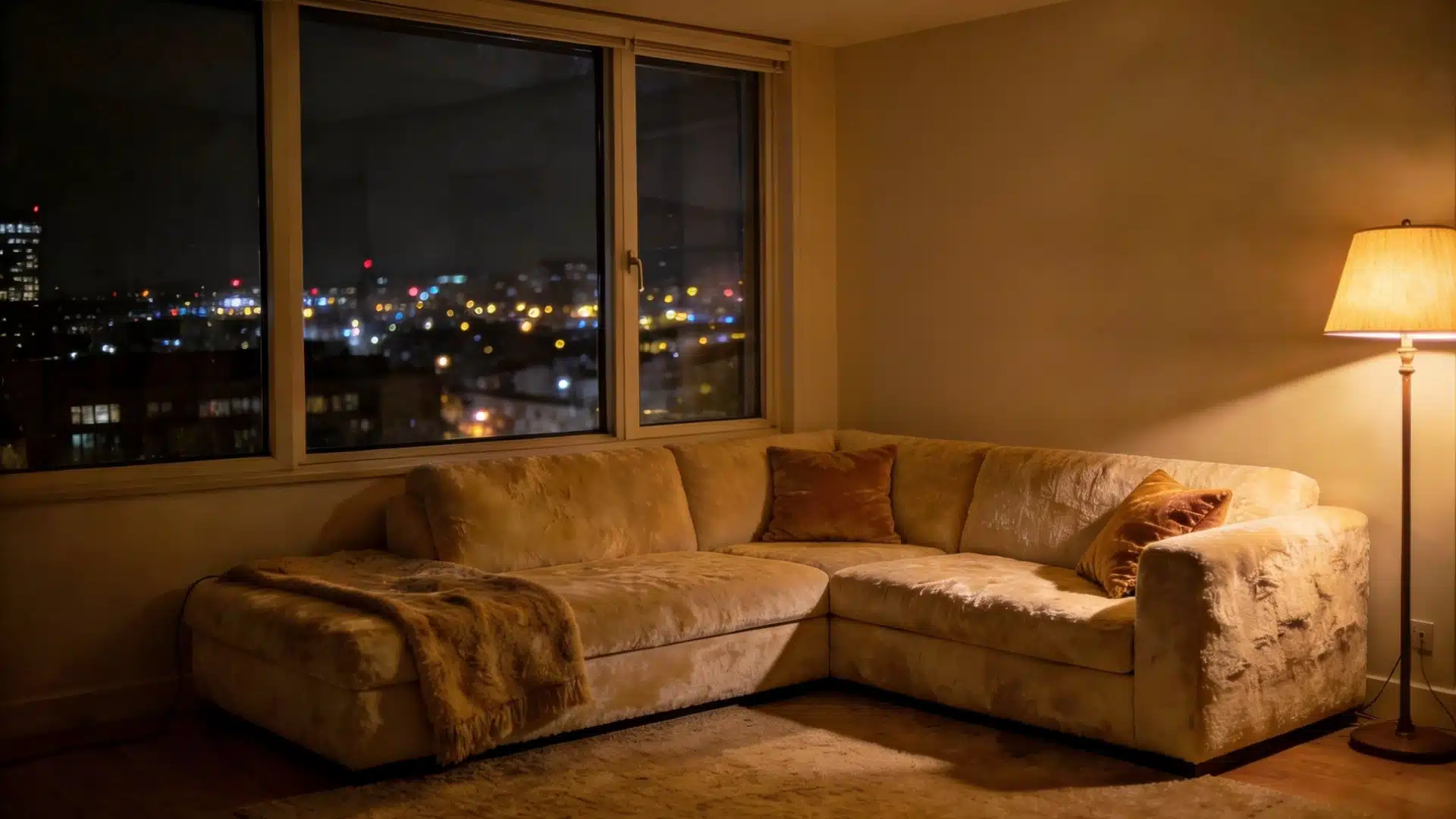 A cozy couch positioned in a well-lit room with neutral-colored walls and a small table beside it