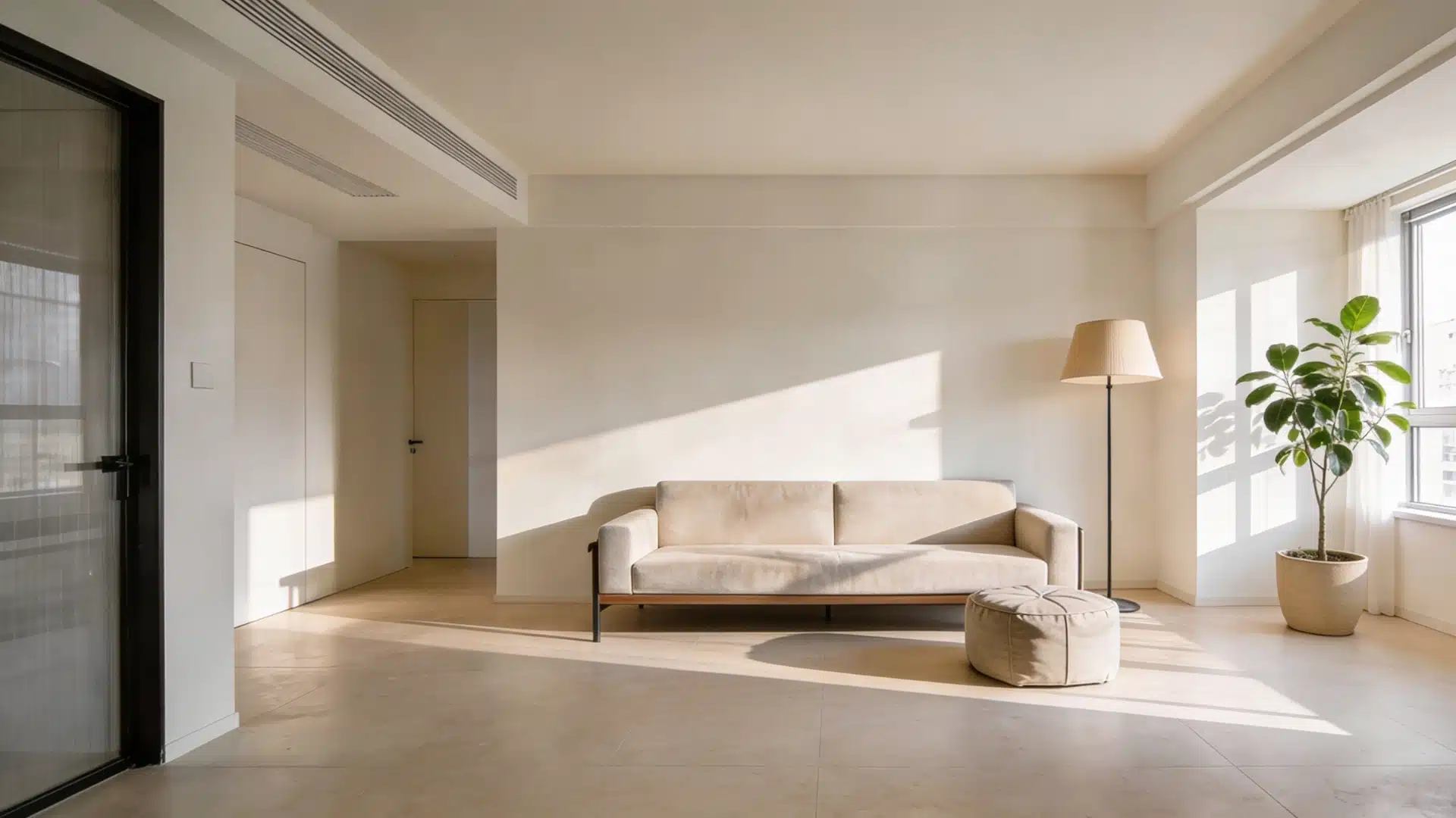 A cozy living room featuring a couch and a large window letting in natural light