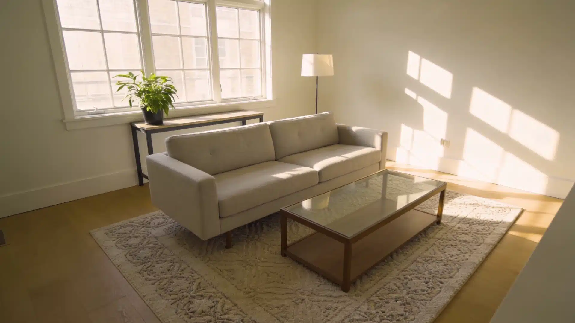 A cozy living room featuring a couch, coffee table, and a large window letting in natural light