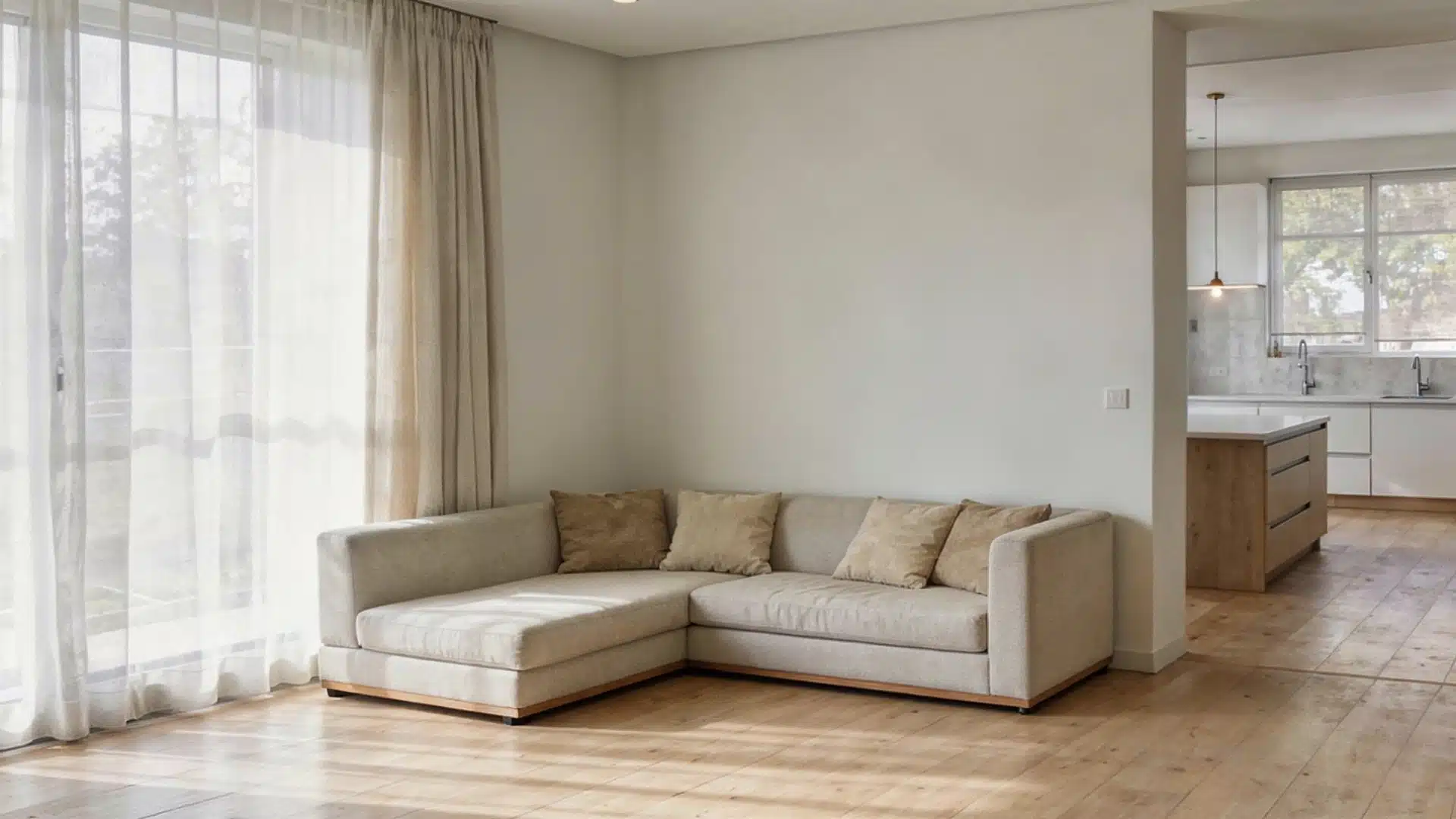 A cozy living room featuring a couch, with an open kitchen visible in the background