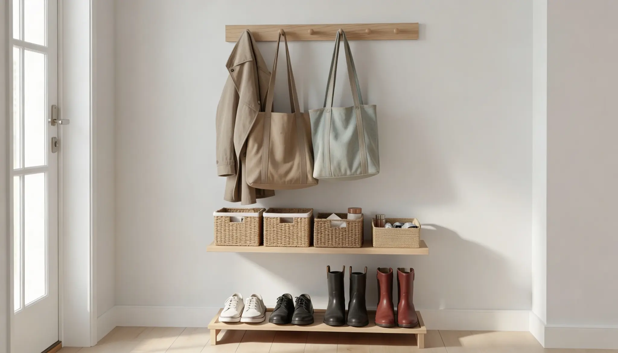 A minimalist entryway setup featuring a wooden coat rack with hanging bags and a trench coat, two wooden shelves storing woven baskets, and various shoes and boots on the floor rack.
