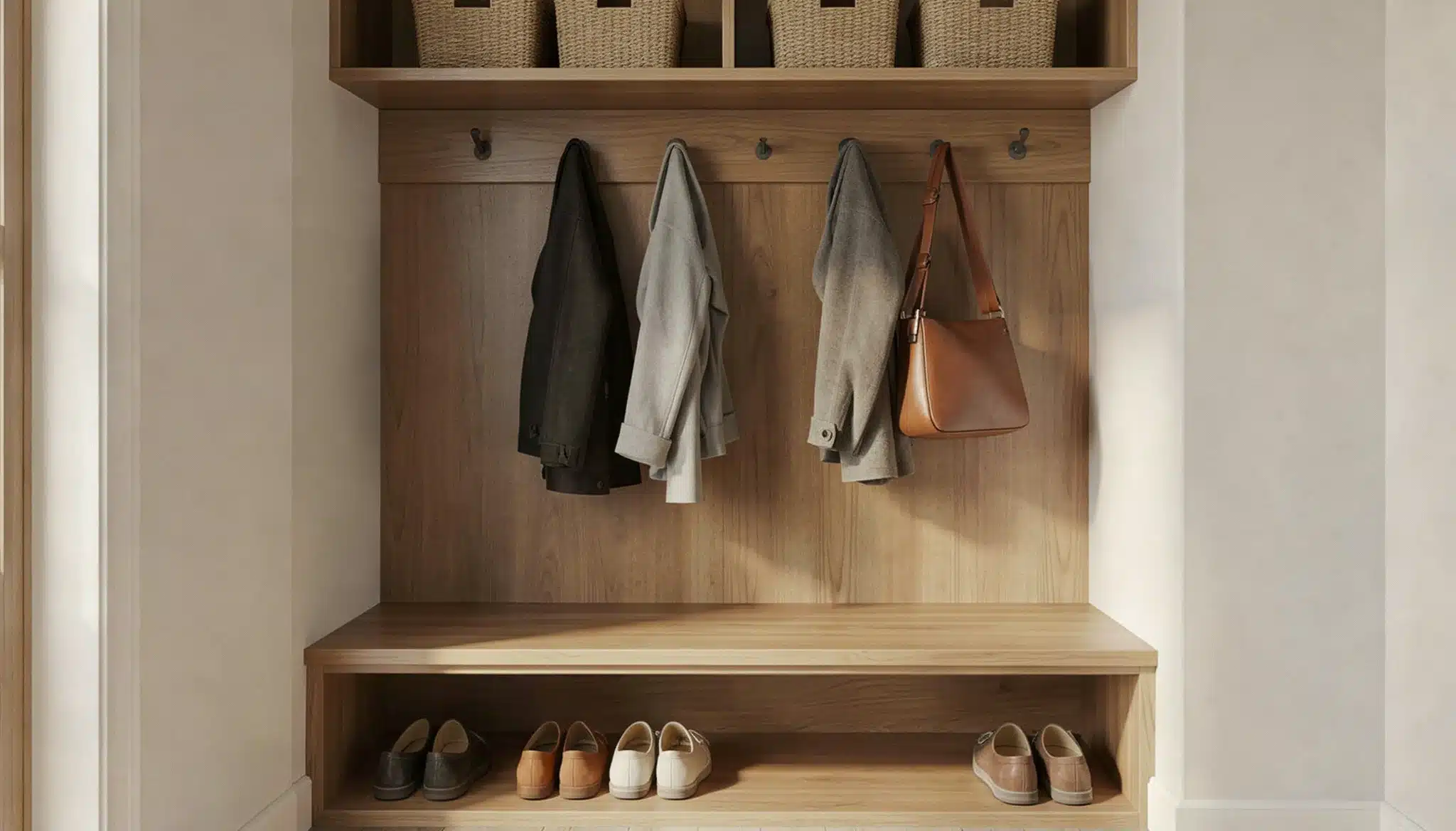 A modern closet mudroom setup featuring hanging coats, a brown leather shoulder bag, woven storage baskets on a shelf above, and several pairs of shoes organized on the bottom bench shelf.
