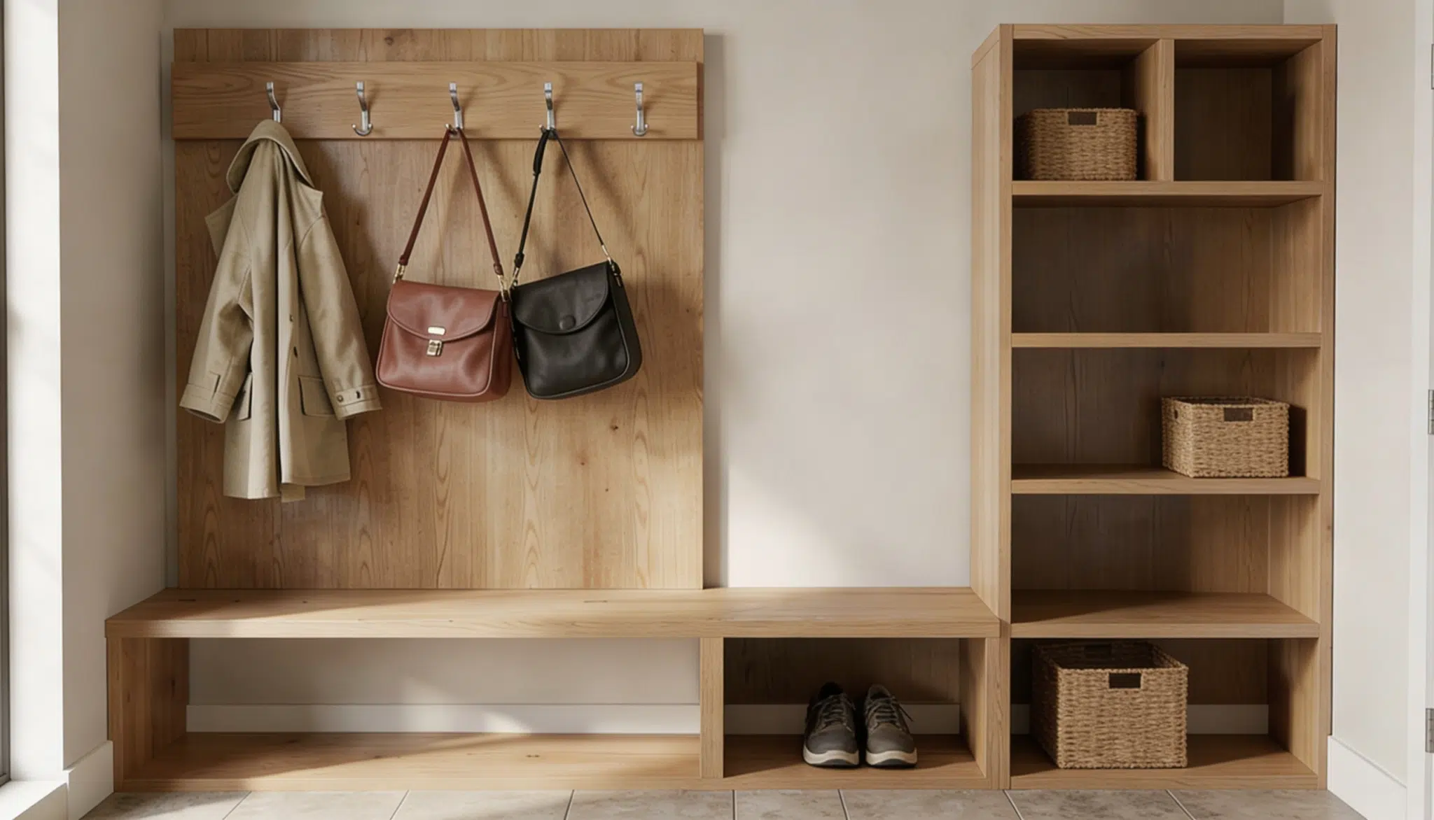 A modern entryway featuring light wood storage, including a coat rack with hanging bags and a bench with cubbies holding shoes and woven baskets next to a tall shelving unit.