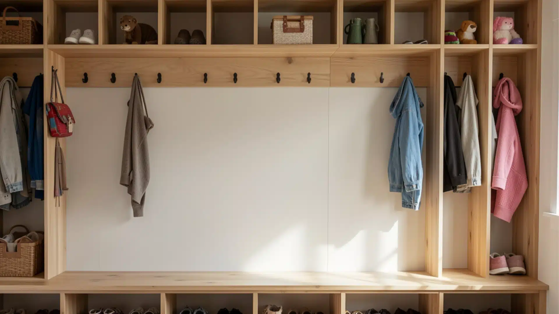 A modern, light wood mudroom organization system featuring open cubbies filled with storage baskets, toys, and shoes, with hanging coats and bags against a white central wall panel.