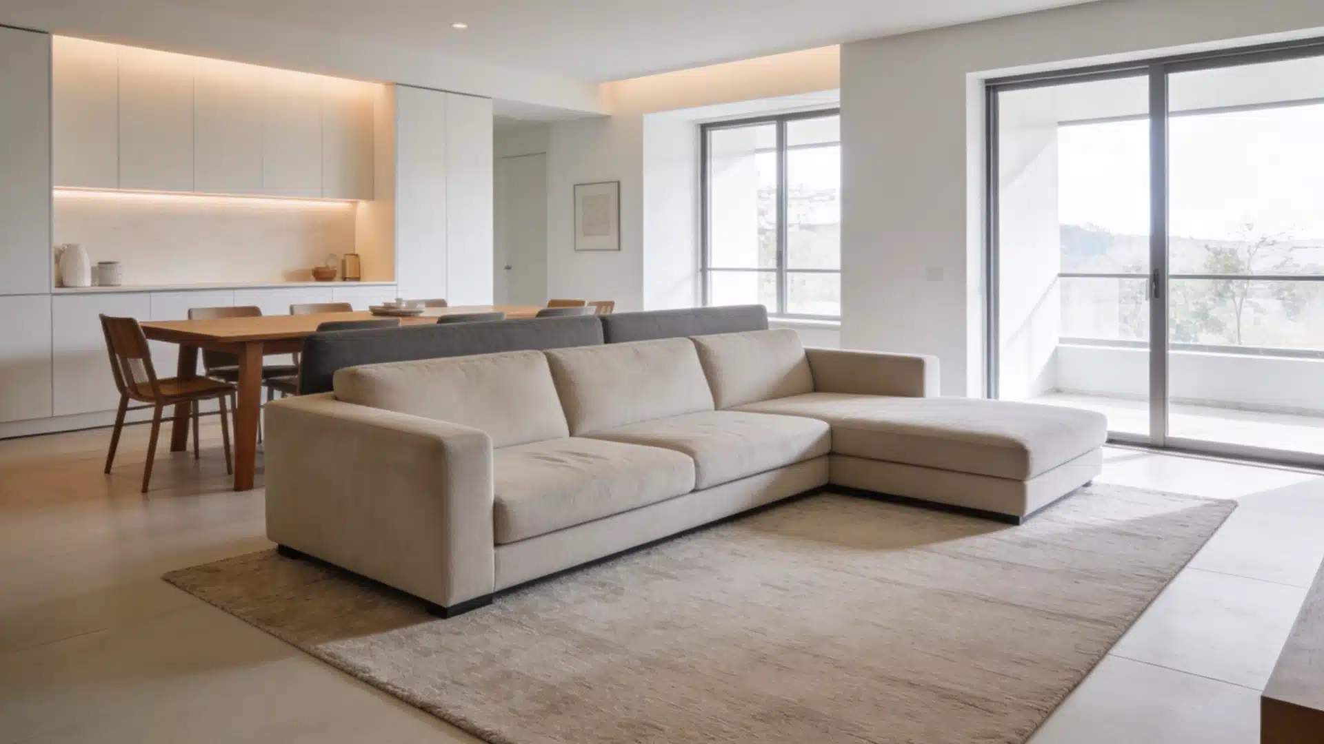 A modern living room featuring a stylish couch and a sleek table, creating a cozy and inviting atmosphere