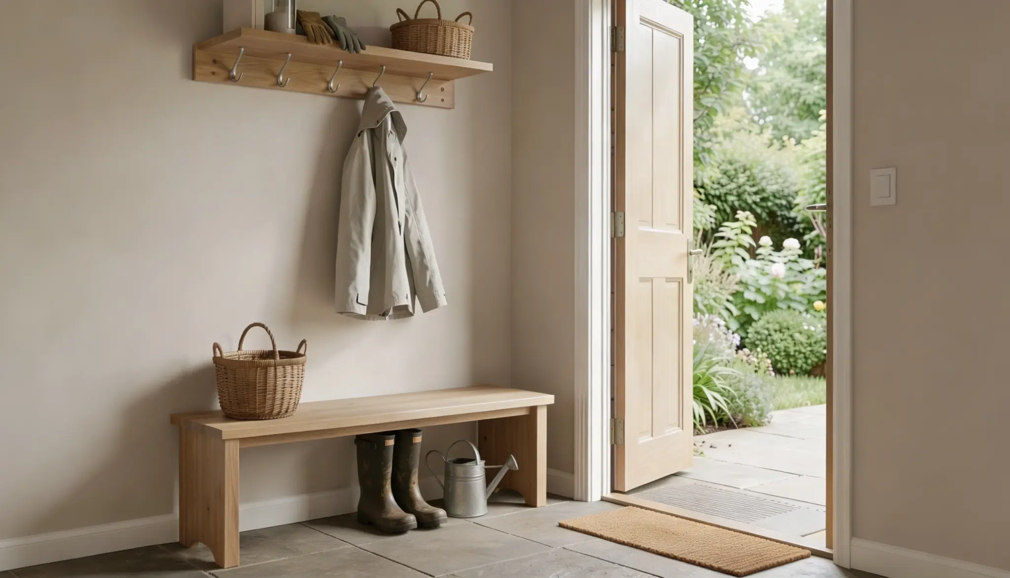 A mudroom entryway features a wooden bench, coat rack with a hanging jacket, and an open door leading to a lush green garden.