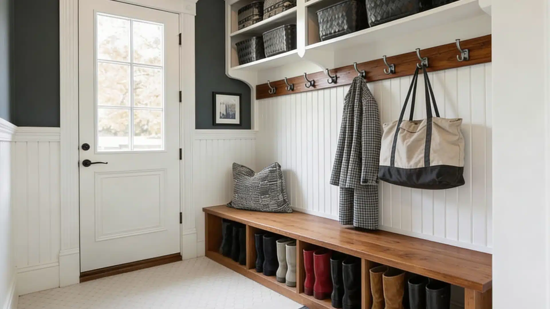 A mudroom featuring a wooden bench with cubby storage for boots, and a coat rack holding a plaid coat