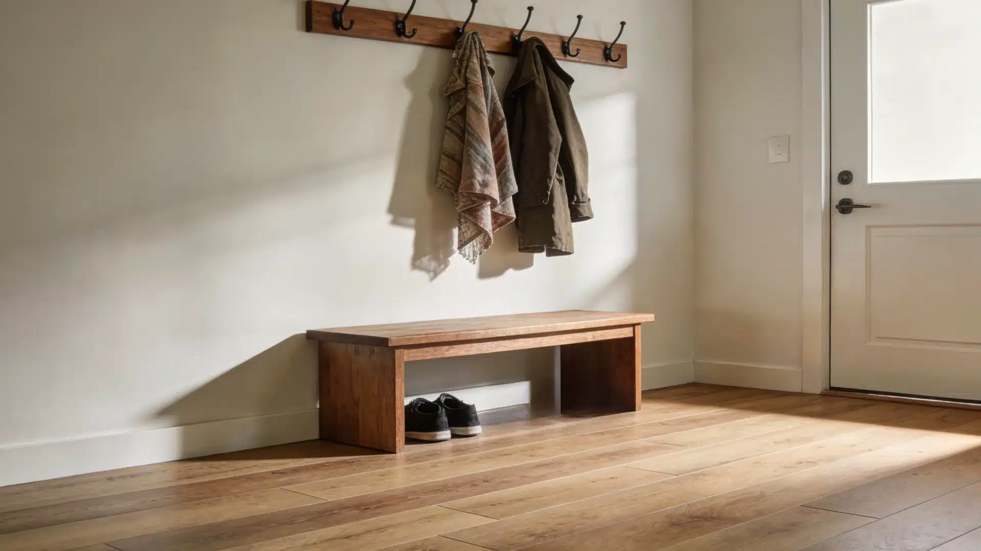A simple entryway featuring a wooden bench below a coat rack with a hanging scarf and jacket, situated on hardwood flooring next to a white door.