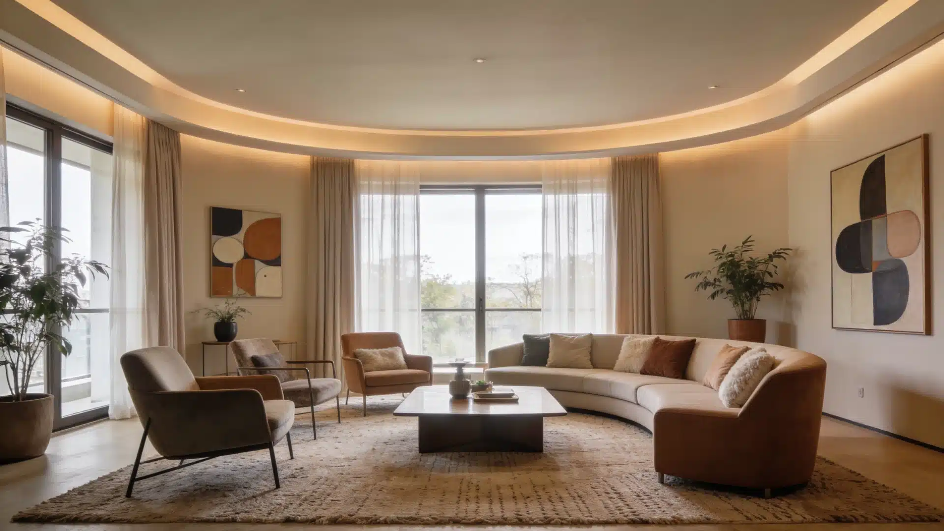 A spacious living room featuring a large curved couch and several stylish chairs arranged for comfort and conversation