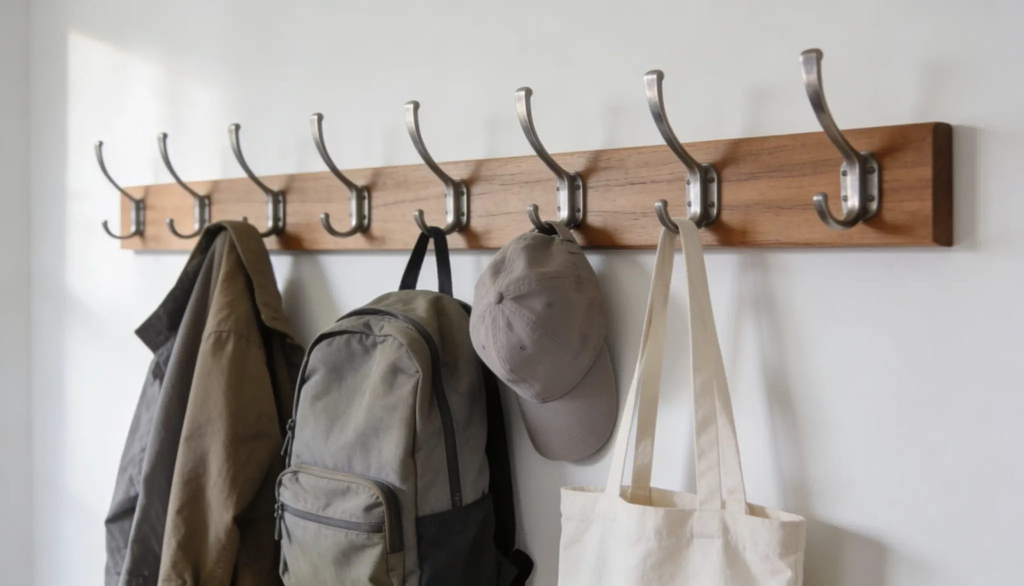 A wooden wall mounted coat rack with metal hooks holds a jacket, gray backpack, cap, and cream tote bag, conveying an organized, casual vibe.