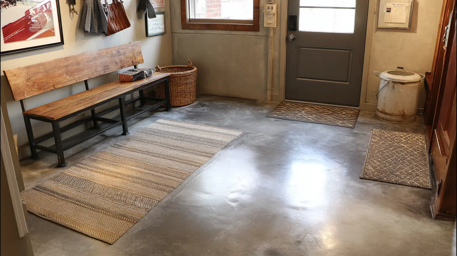 An industrial mudroom with a concrete floor, a wooden bench, woven rugs, wall hooks, basket storage, a metal bin, and a back door entry