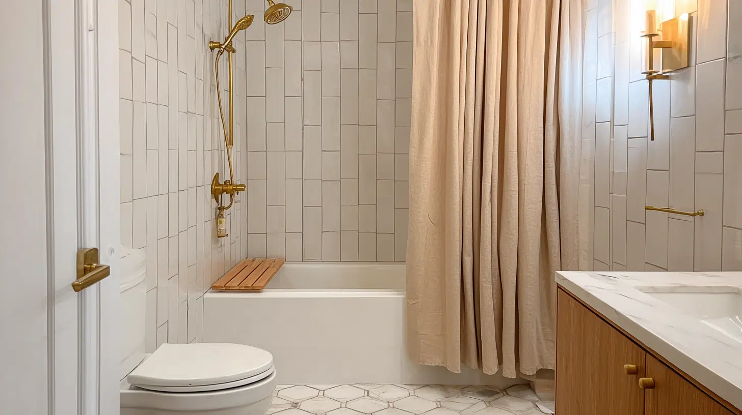 Bathroom shower curtain hanging just above the tub floor line