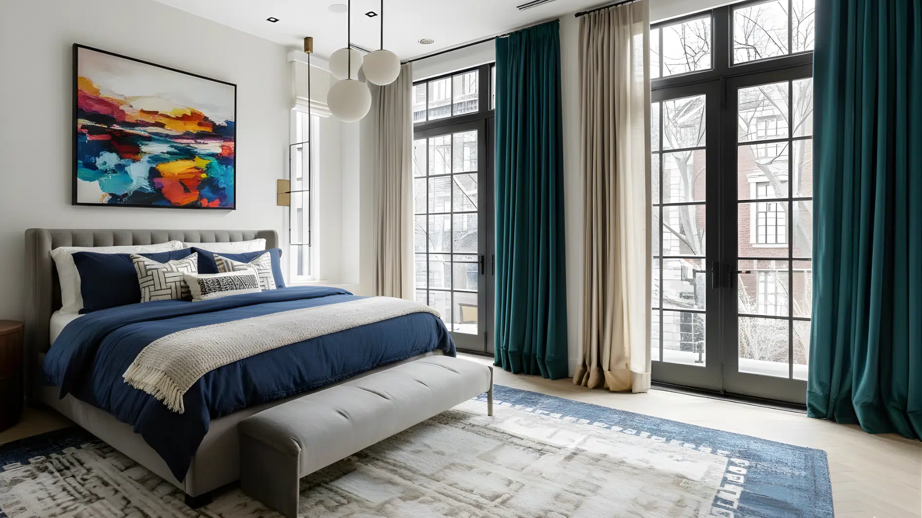 Bedroom curtains extending to the floor beside a large glass door.