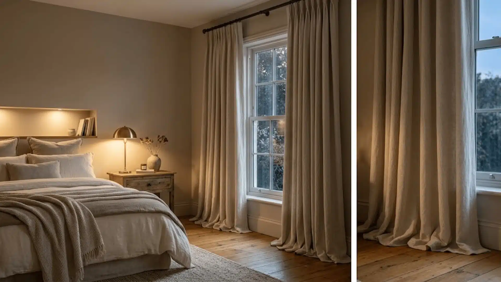 Bedroom curtains slightly puddling on the floor for full light blocking