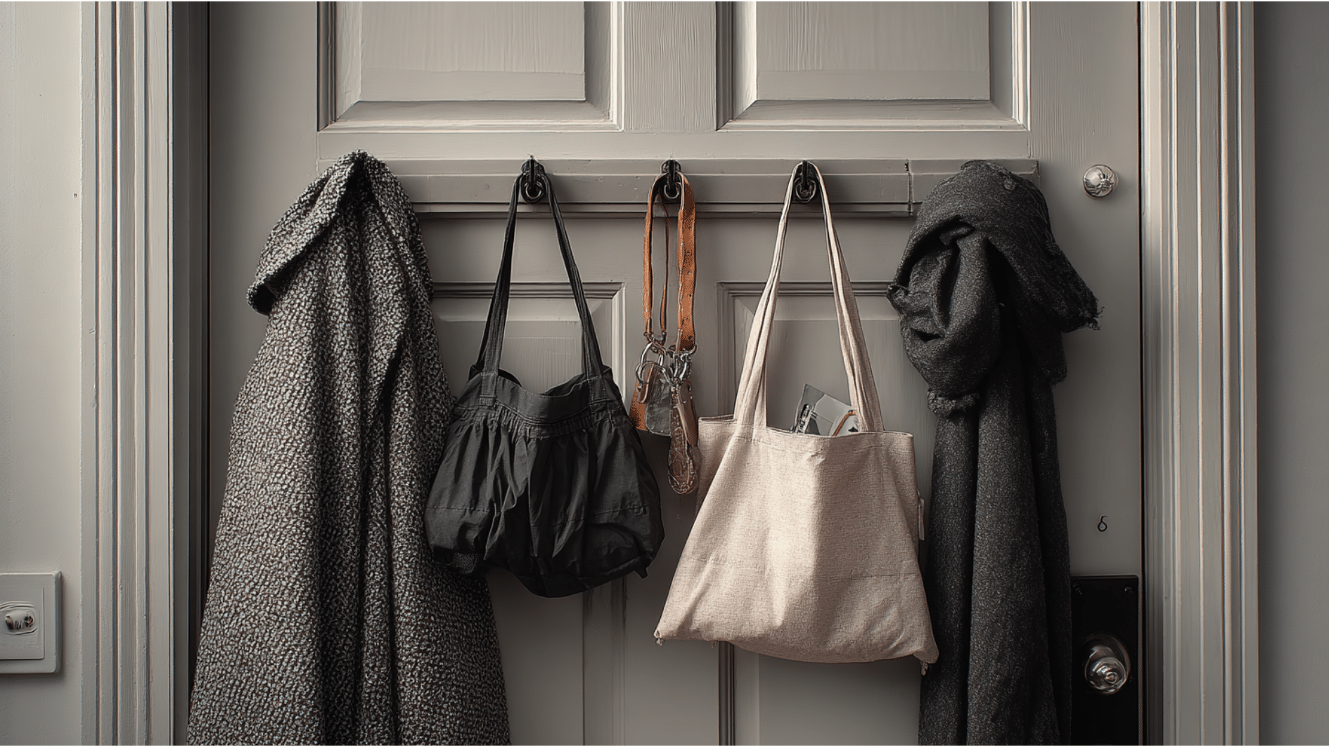 Behind the door setup with hooks holding coats, tote bags, and keys on a gray entry door, creating a space saving mudroom storage solution