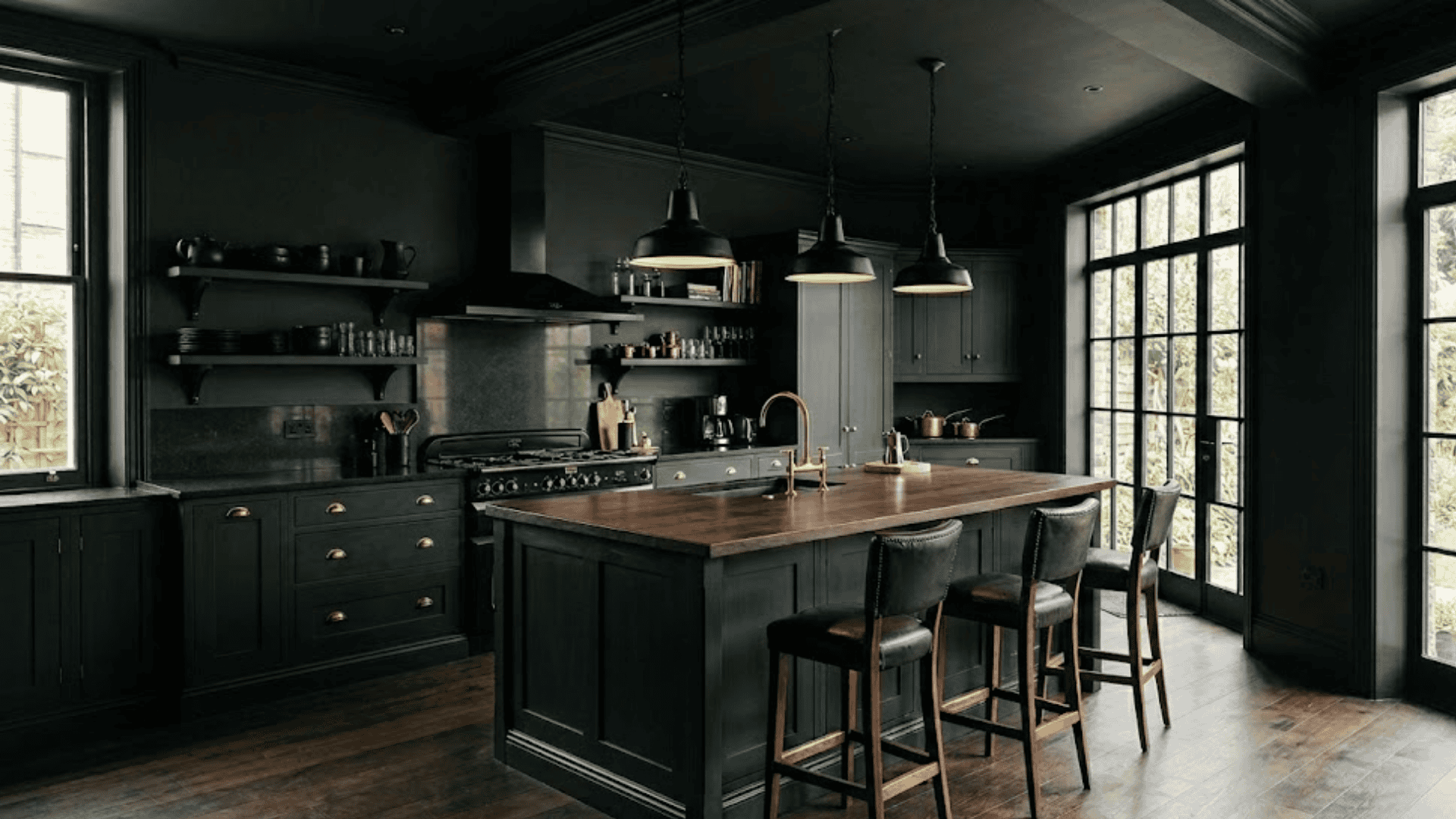 Black drenched kitchen with matte black cabinets, wood-topped island with brass fixtures, and black-paned windows