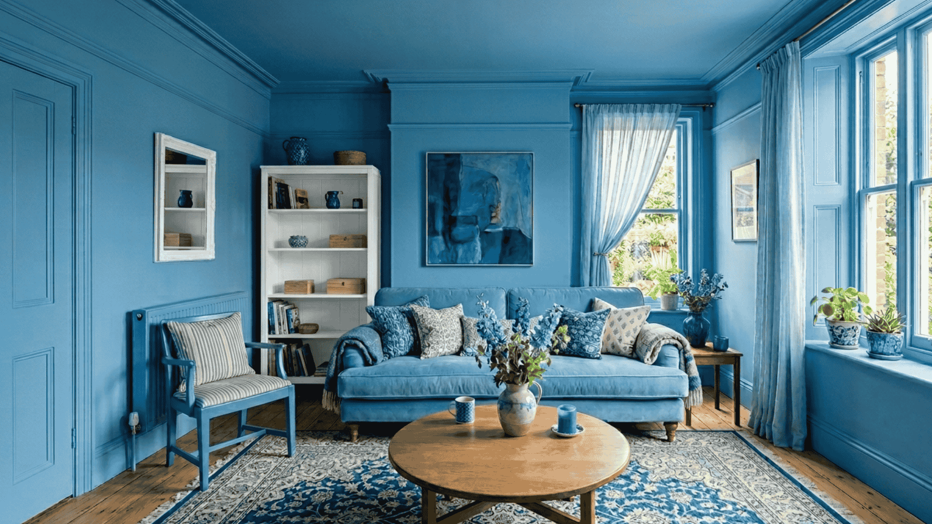 Bright color-drenched blue living room with blue velvet sofa, wooden coffee table, blue-white rugs, big windows to greenery