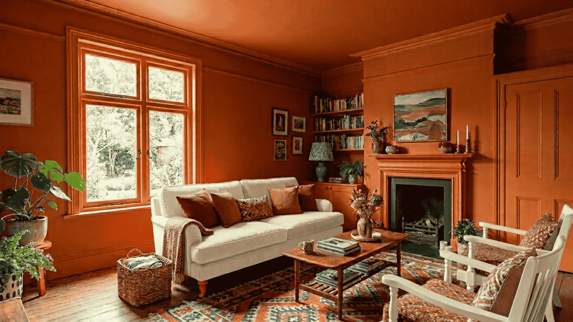 Cozy living room with color-drenched, burnt orange walls, cream sofa, white armchairs, and a wooden coffee table on a patterned rug.