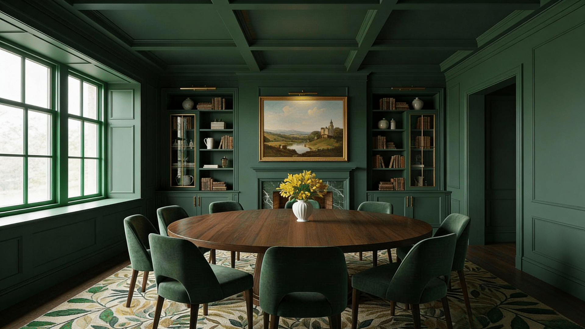 Dark green color drenches the dining room with an oval wood table, green velvet chairs, built-in shelves, and a landscape over the fireplace.