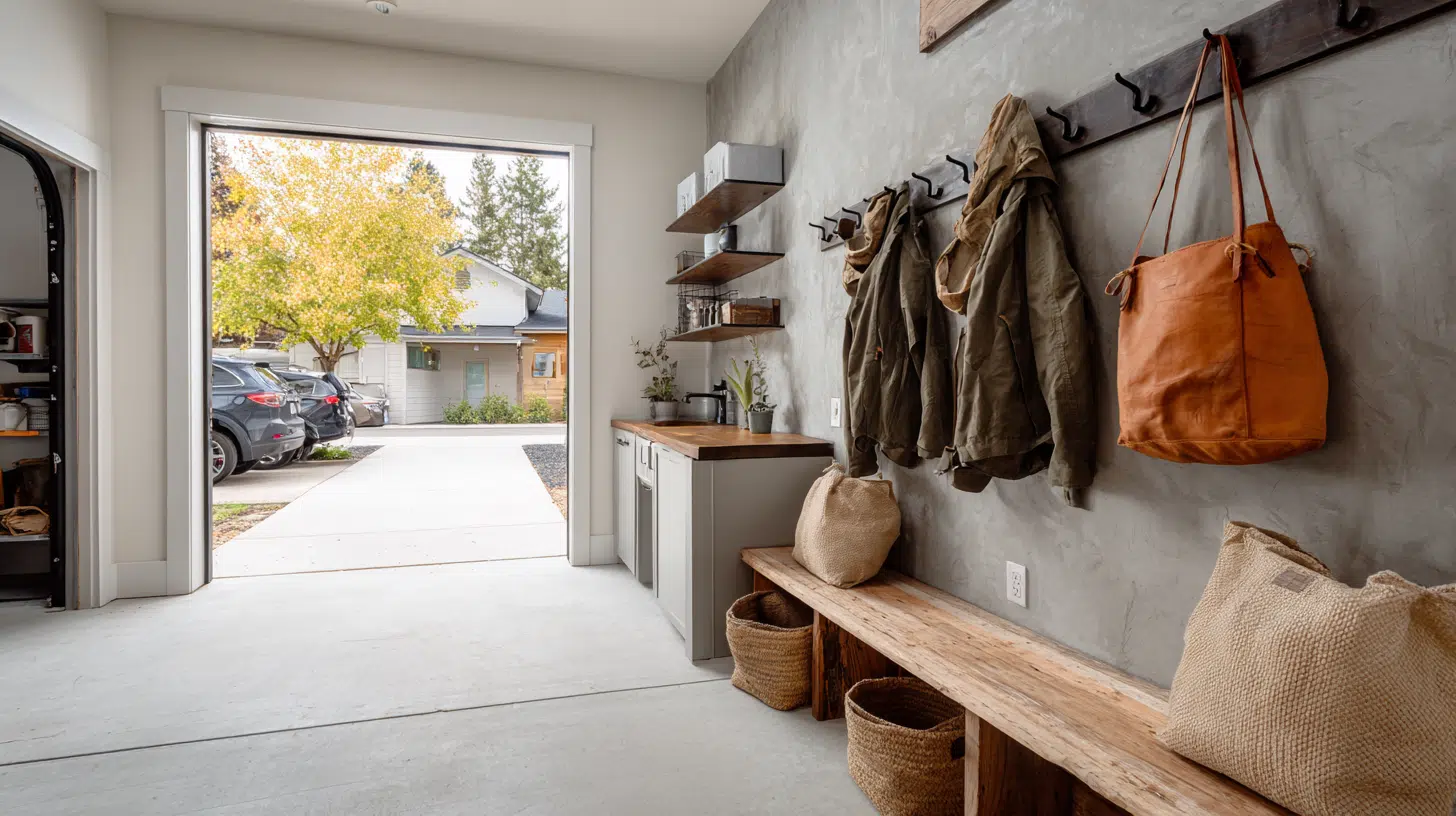 Entry mudroom with concrete floor, wooden bench, wall hooks holding jackets and bags, woven baskets, shelves, and open view to driveway