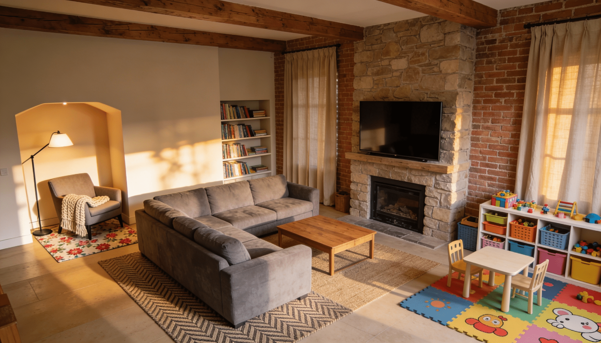 Family room has a grey sectional sofa by a stone fireplace with a tv and a kids play area on a colorful puzzle mat now