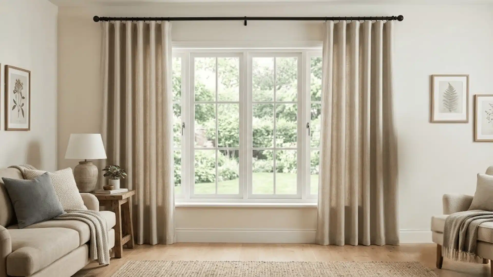 Floor length curtains lightly touching the floor in a bright living room