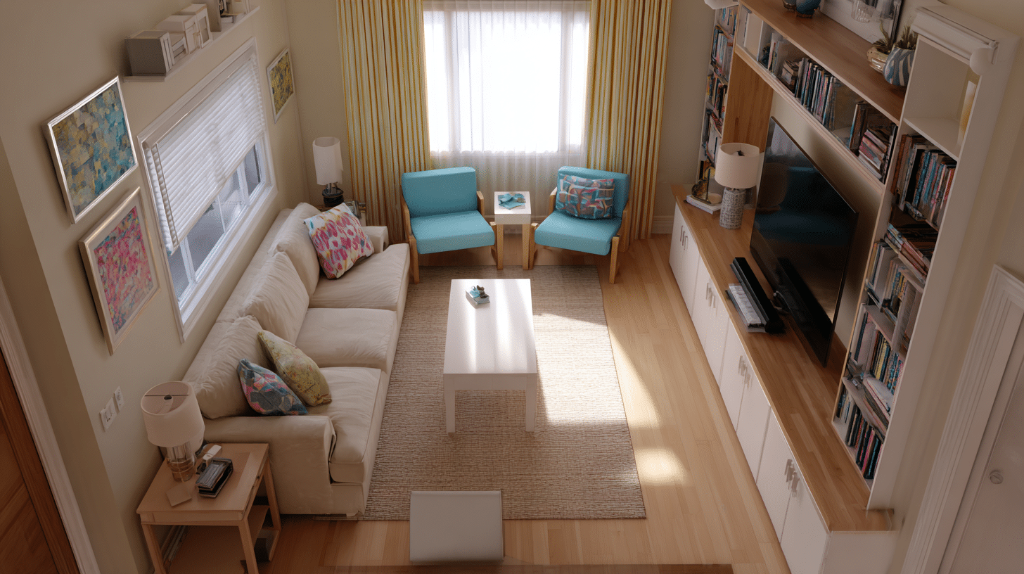 High angle view of a small living room with a white couch blue armchairs and a large wooden bookshelf unit near a window