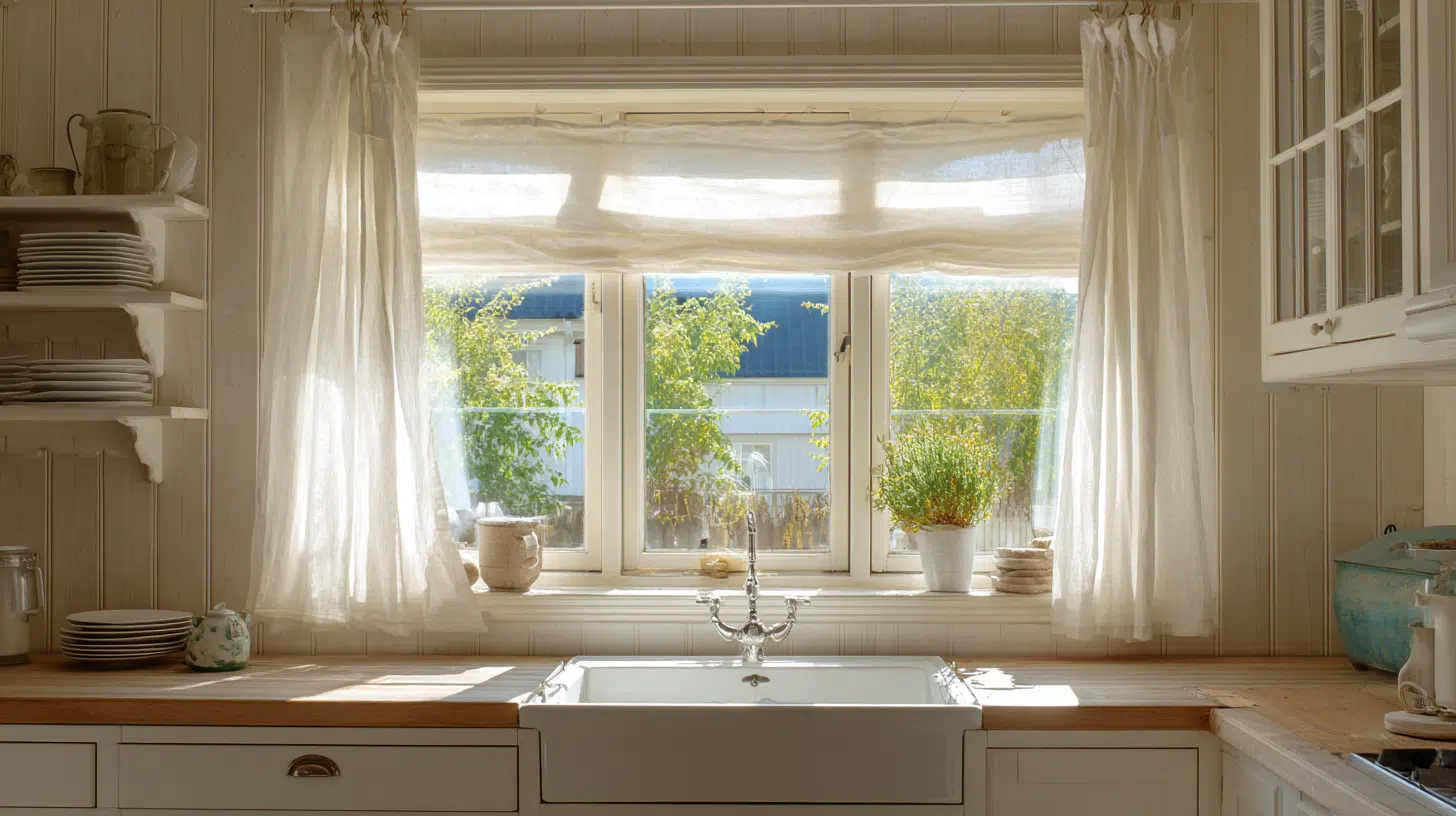 Kitchen window curtains hanging just above the sink with soft daylight coming through