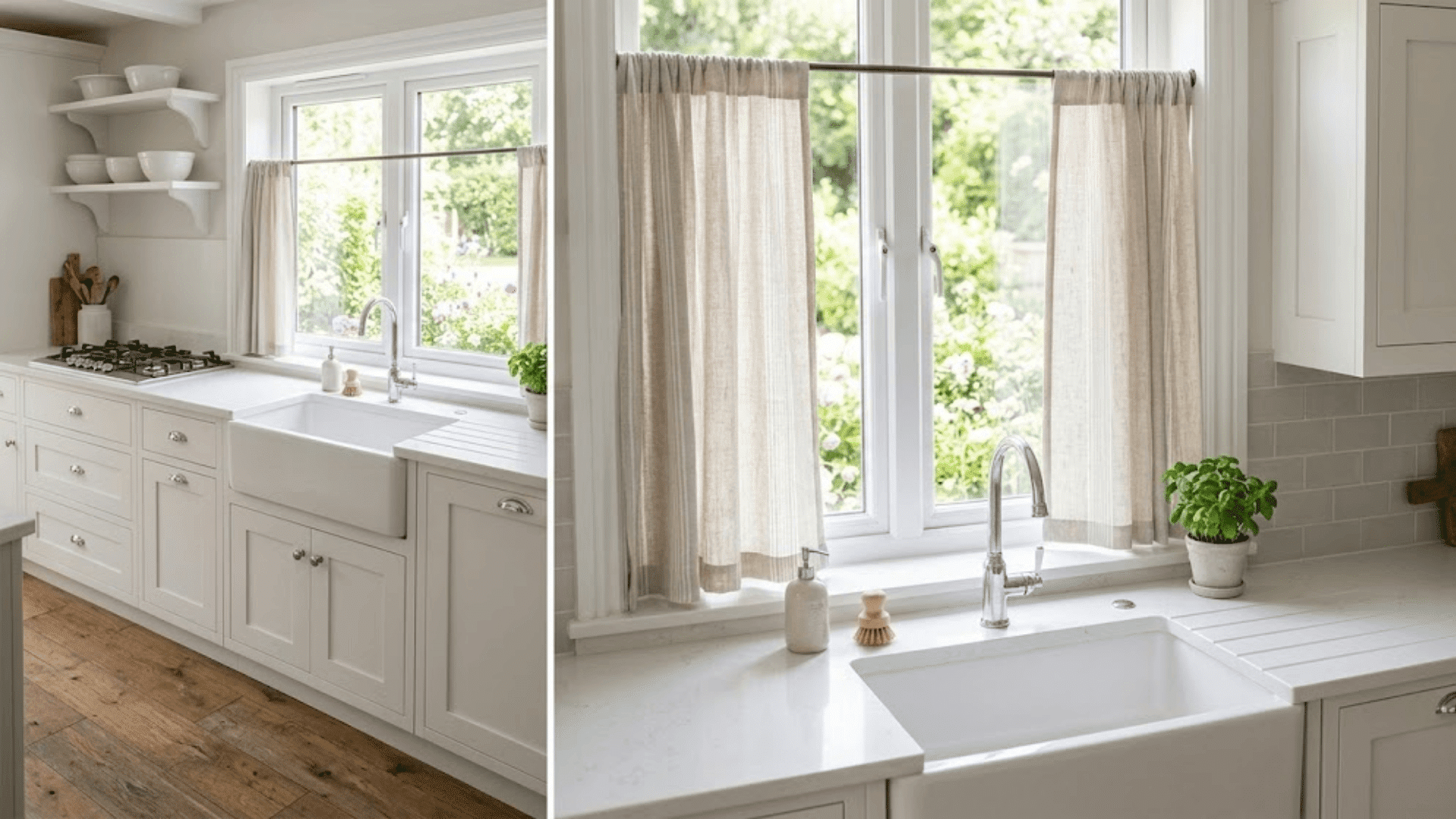 Kitchen window with apron length curtains above the sink