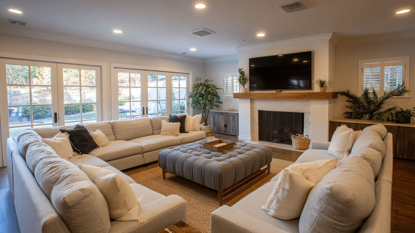 Large family room with a grey wrap around sofa a tufted ottoman and a fireplace under a tv near several glass doors now