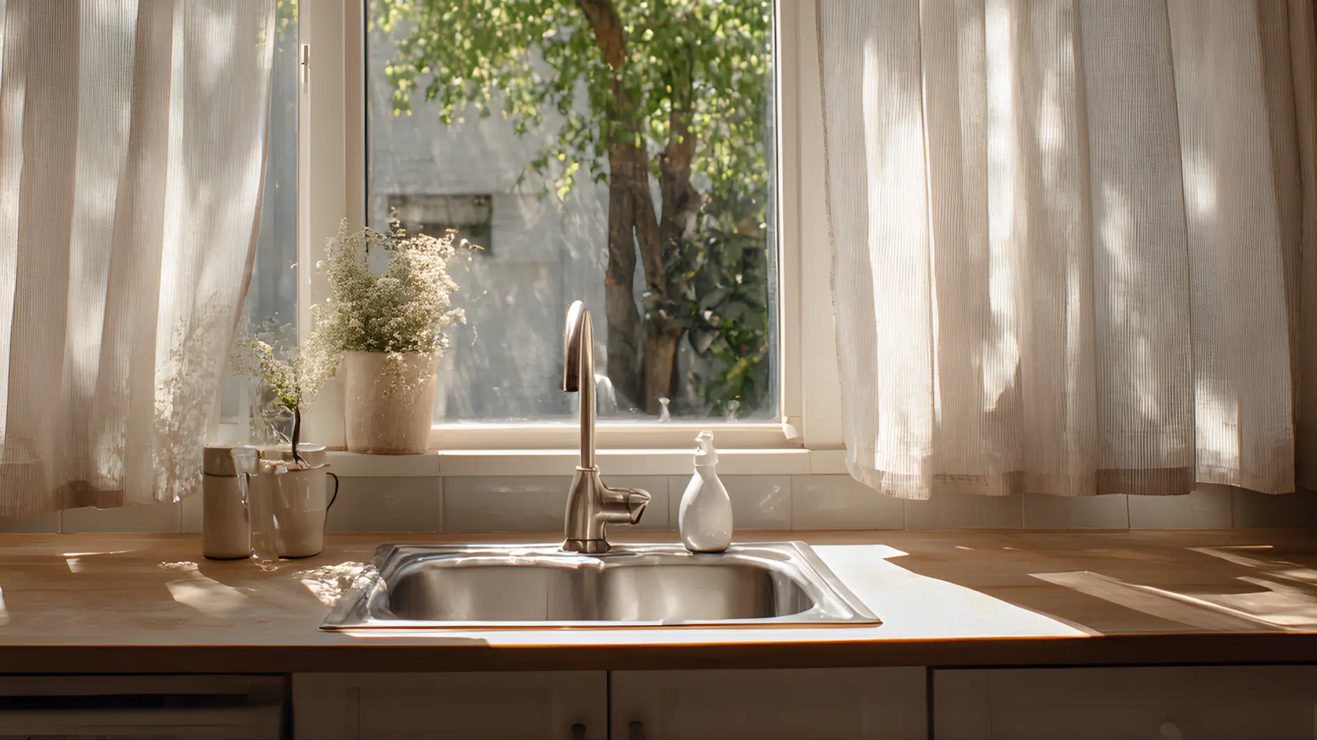 Light curtains floating slightly above the floor near a kitchen sink window