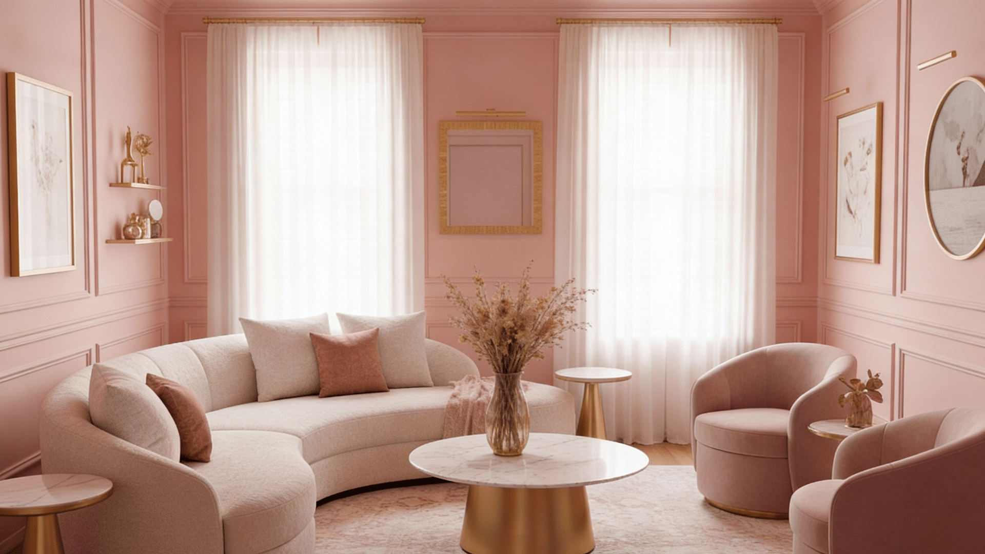 Living room colored drenched with pink with curved beige sofa, pink velvet armchairs and sheer white curtains.