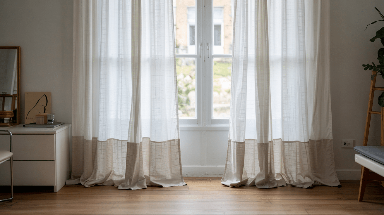 Long curtains pooling on the floor creating a soft puddle effect