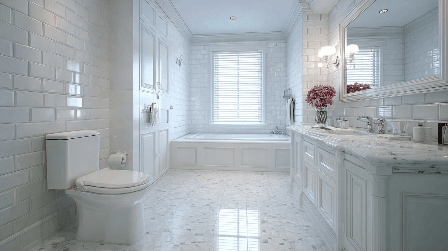 Luxurious all-white bathroom with white subway tile walls, marble mosaic floor, built-in tub under window blinds, white vanity with marble top.