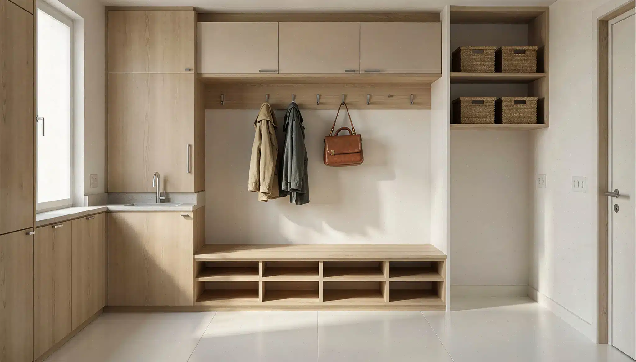 Modern mudroom featuring light wood cabinetry, a built in bench with shoe cubbies, coat hooks holding jackets and a leather bag, and open shelving with woven storage baskets.