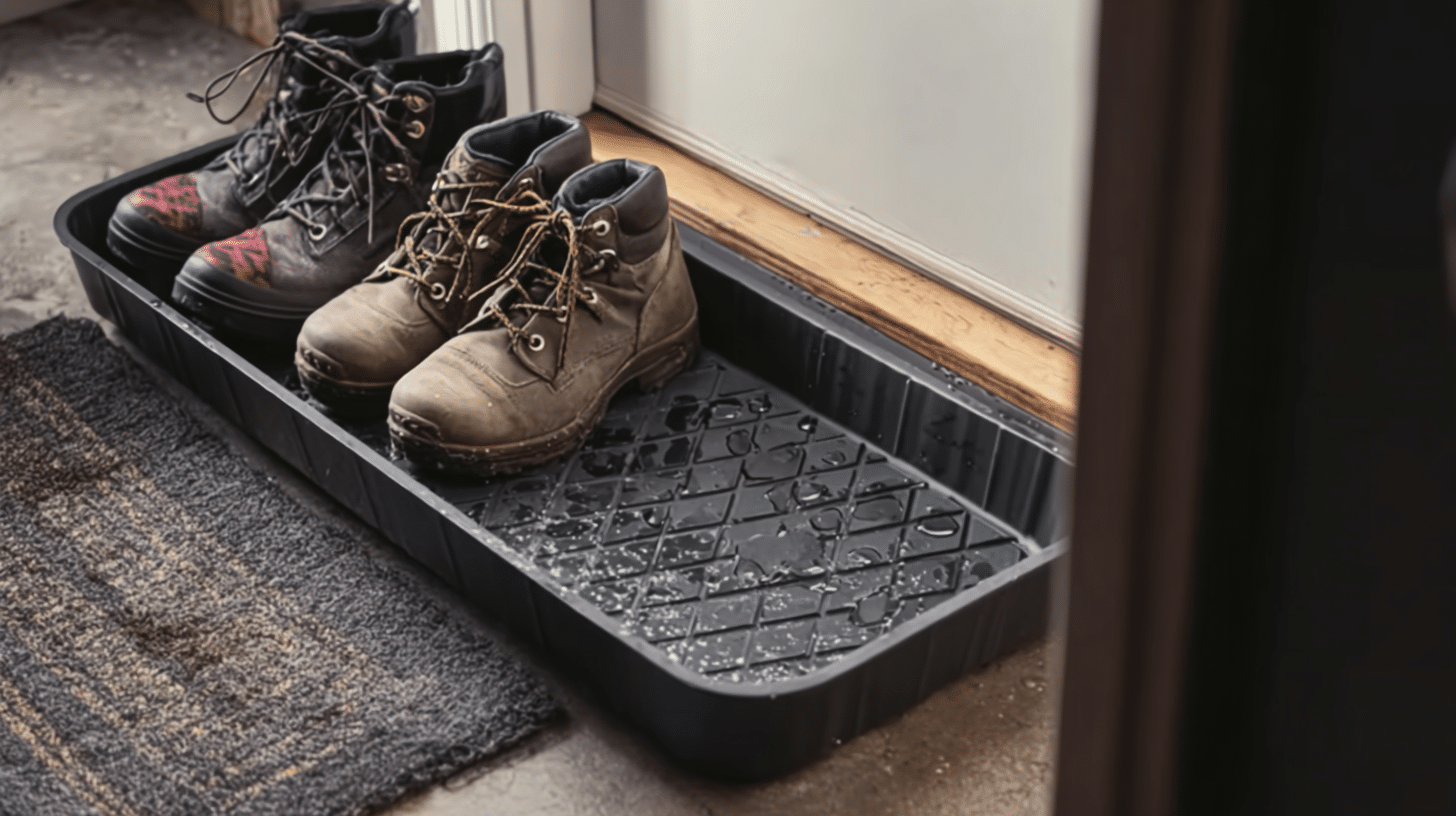 Mudroom boot tray with wet shoes, water droplets, floor mat, and entry threshold, designed to protect floors from dirt and moisture