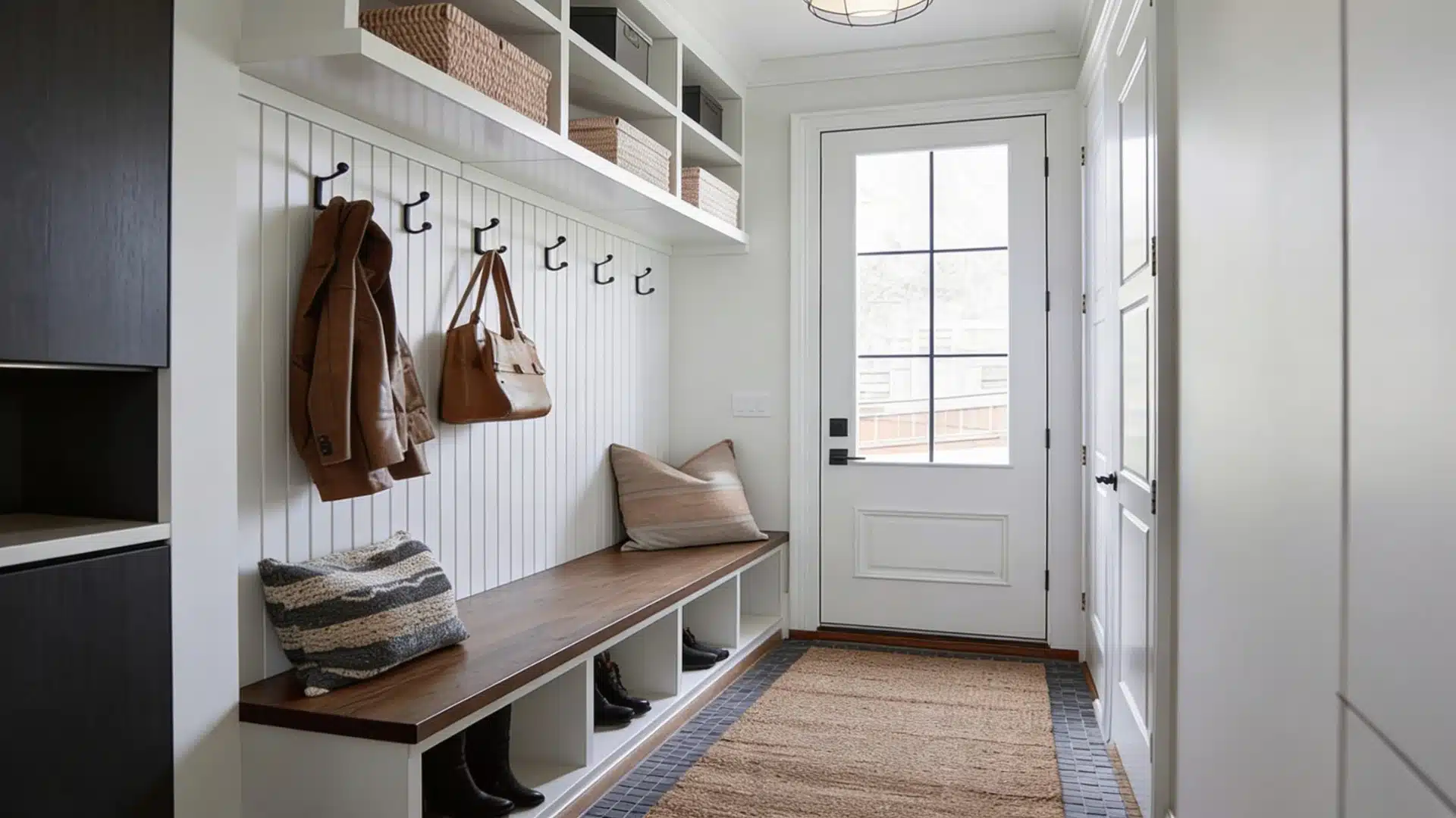 Mudroom with a white bench, hooks holding jackets and a bag, and shoe storage. A door with glass panes opens to the outside. Neutral tones create a cozy feel