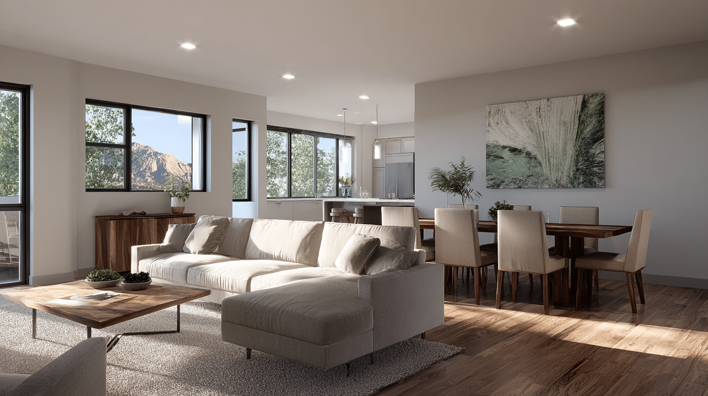 Open floor plan home with a white sectional sofa wood coffee table and dining table near windows showing mountain views now