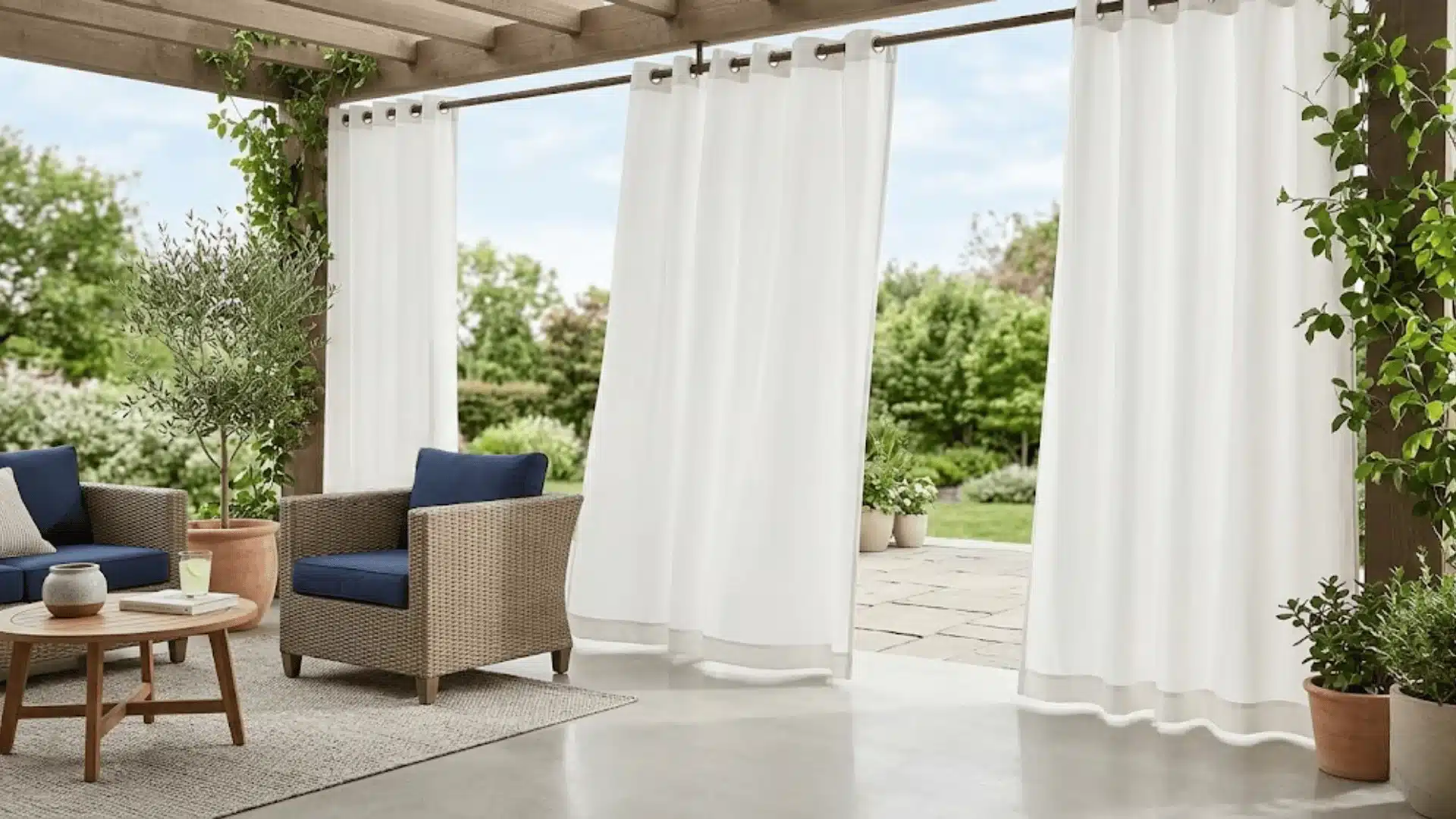 Outdoor patio curtains hanging slightly above the ground