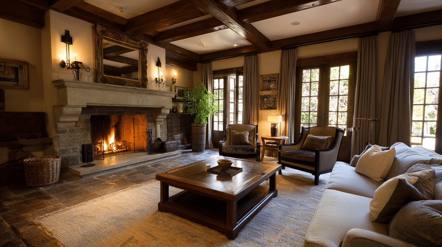 Rustic living room with a stone fireplace wood beams on the ceiling two brown chairs and a rug on a dark stone floor now