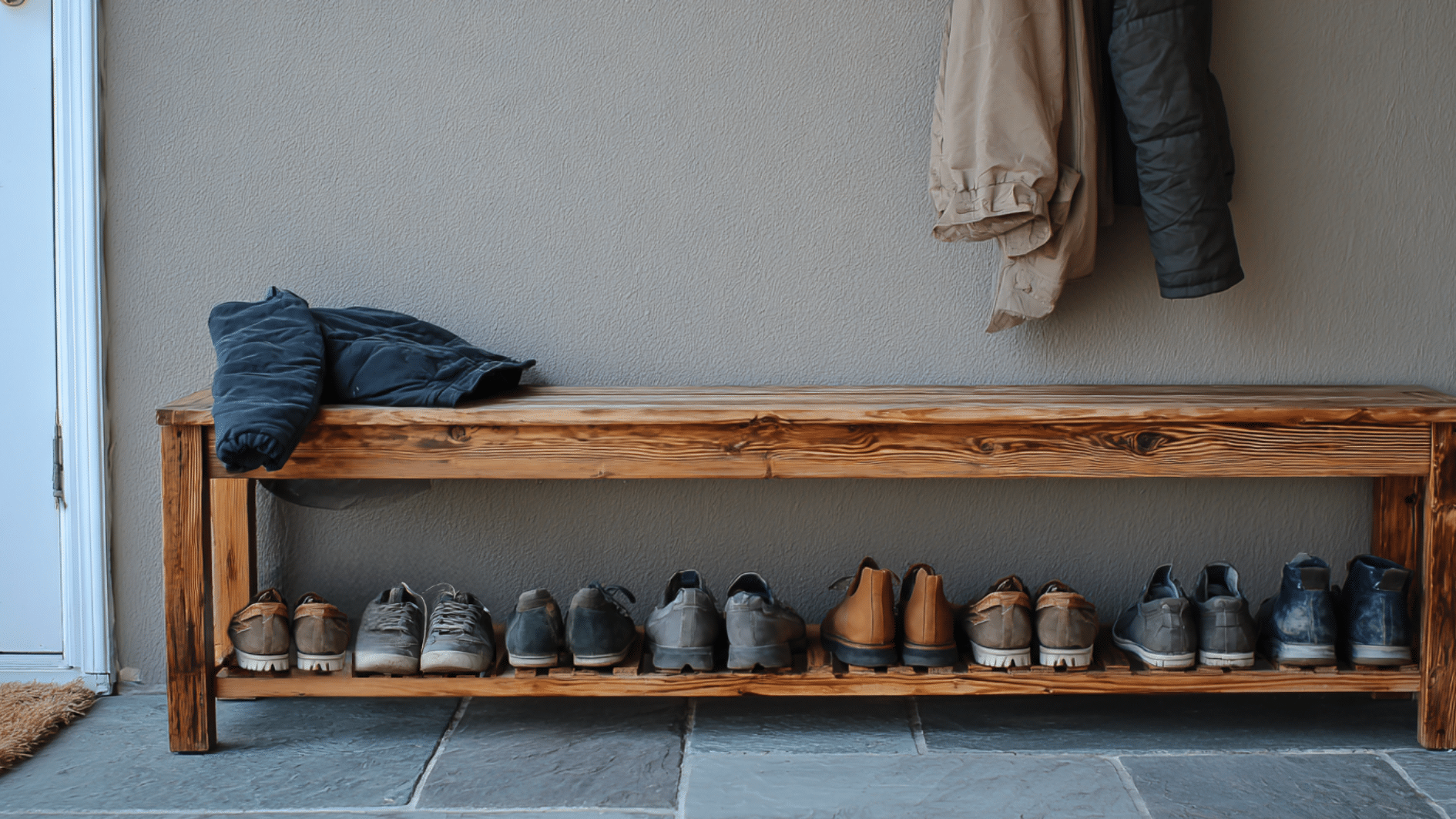 Simple mudroom bench with wooden shoe rack below, lined with shoes, jackets hanging above, and neutral wall and tile flooring