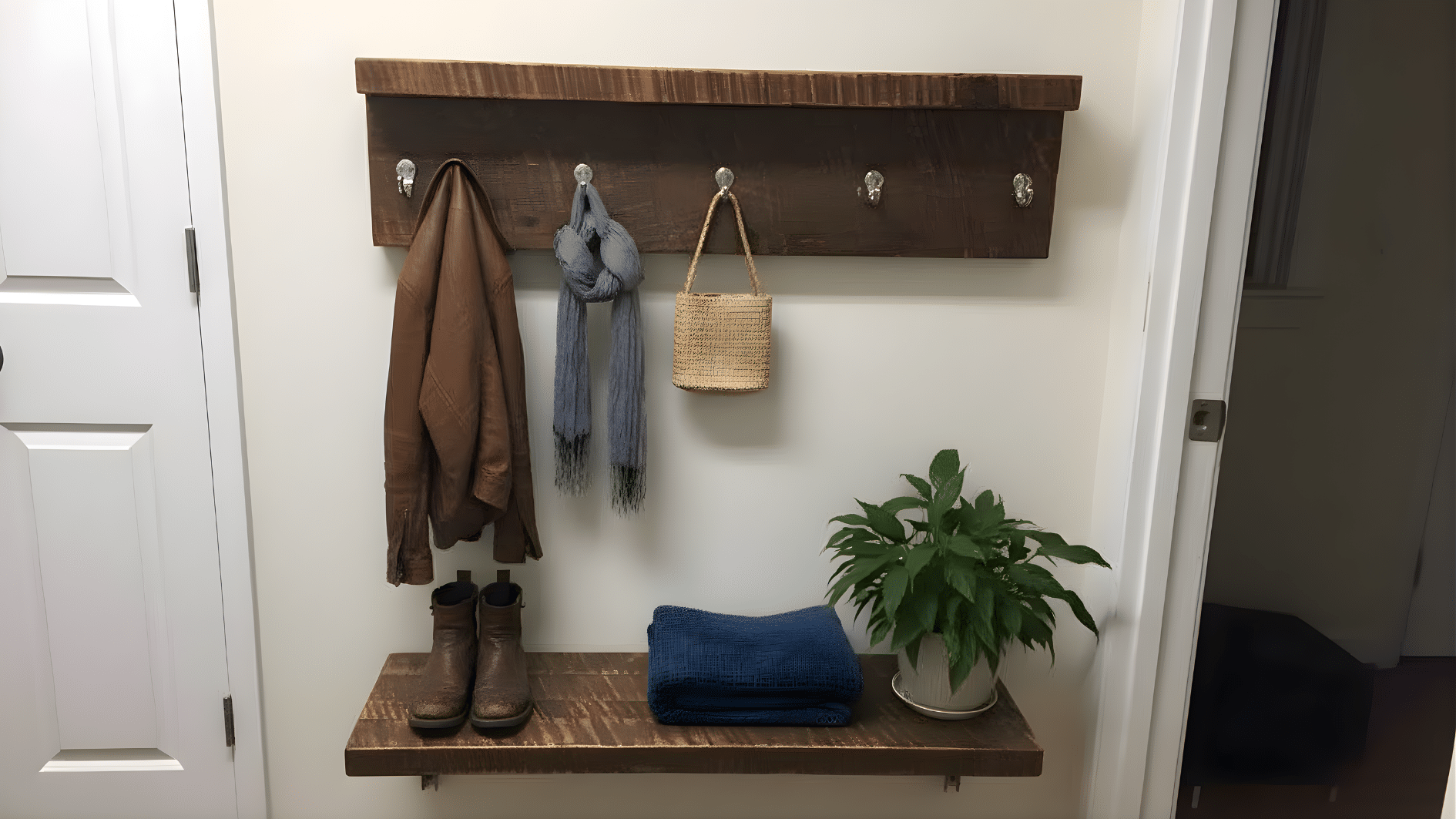Small mudroom setup with wooden wall hooks, floating bench, boots, scarf, and plant, creating a simple and functional entryway storage space