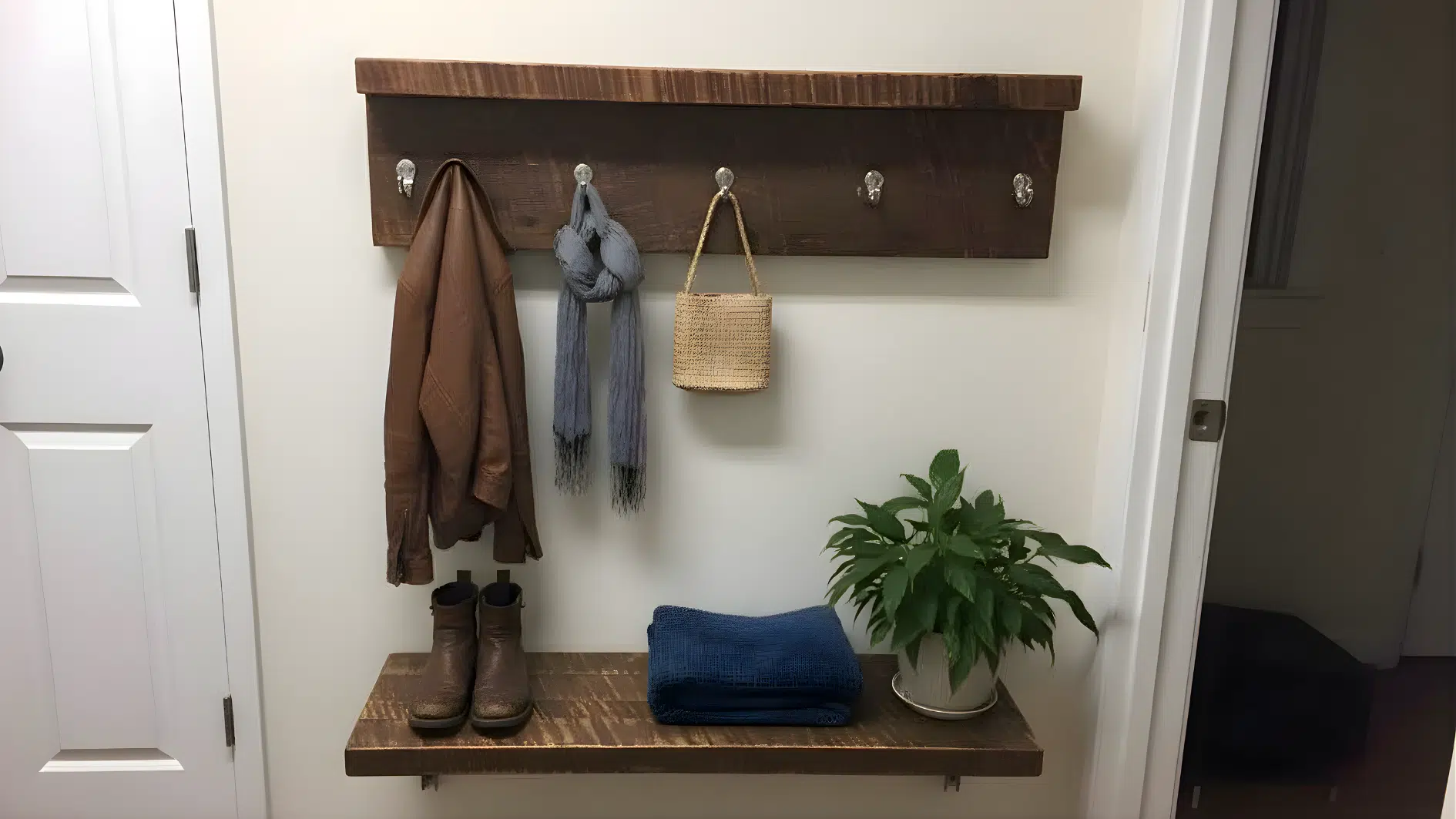 Small mudroom setup with wooden wall hooks, floating bench, boots, scarf, and plant, creating a simple and functional entryway storage space