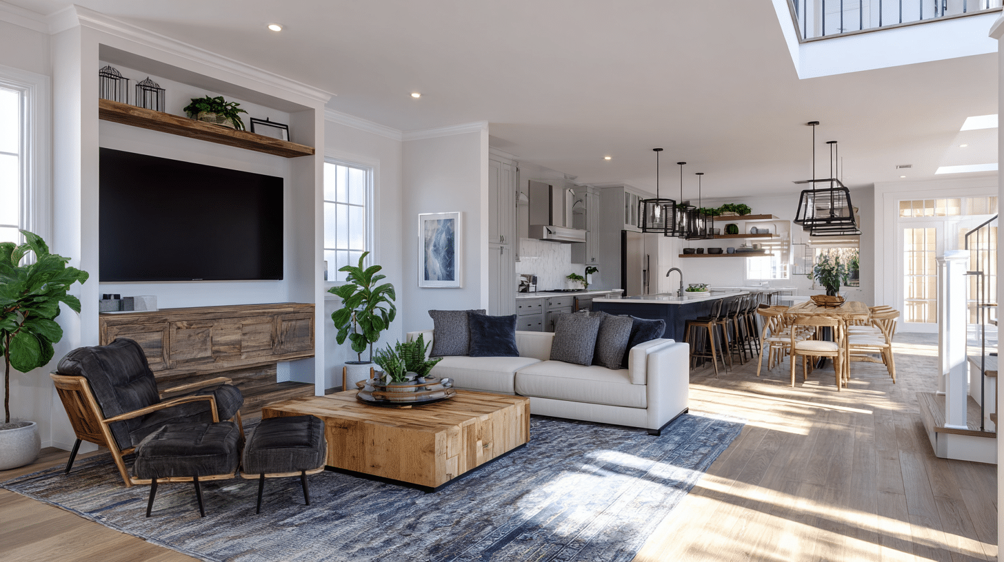 Spacious open house with a white couch wood block table and dark armchair near a kitchen island and long dining table now