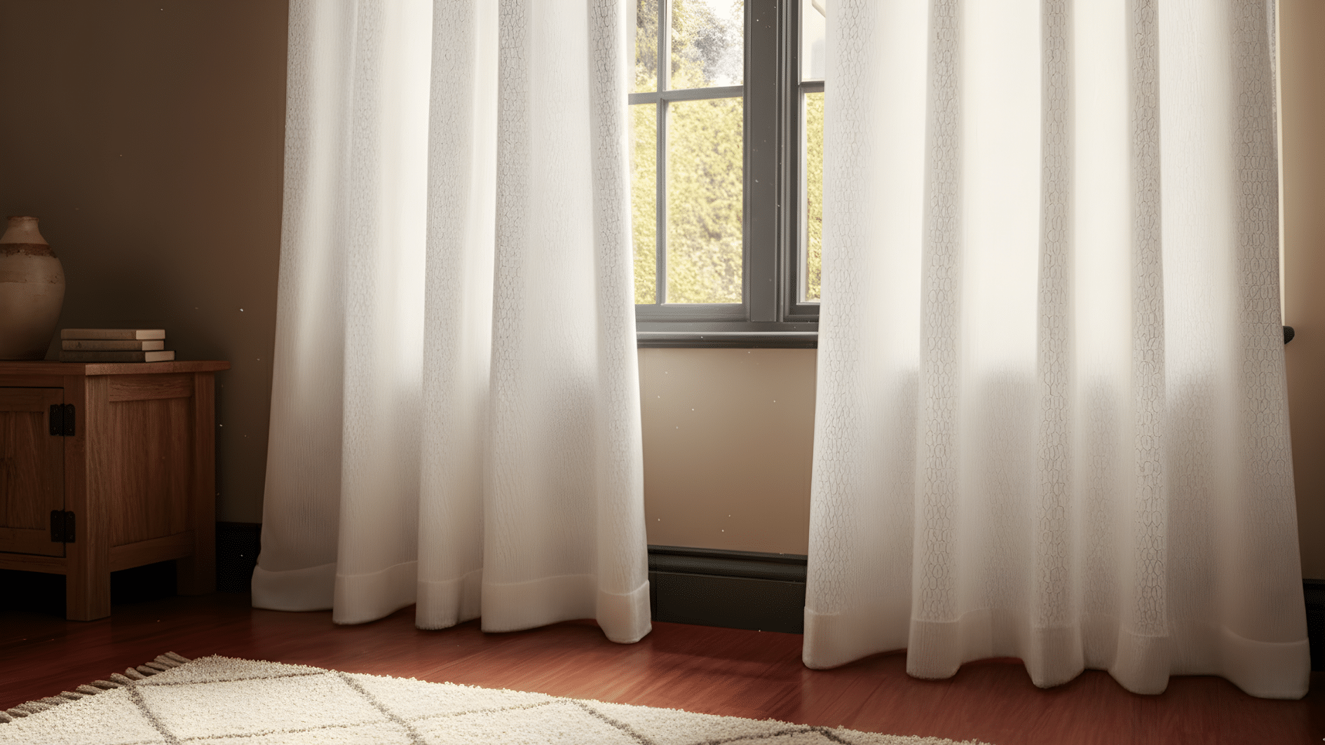Standard floor length curtains lightly touching the floor in a bright room